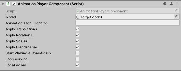 The Animation Player Component inspector: Model, Animation Json Filename, Apply Translations, Apply Rotations, Apply Scales, Apply Blendshapes, Start Playing Automatically and Local Poses