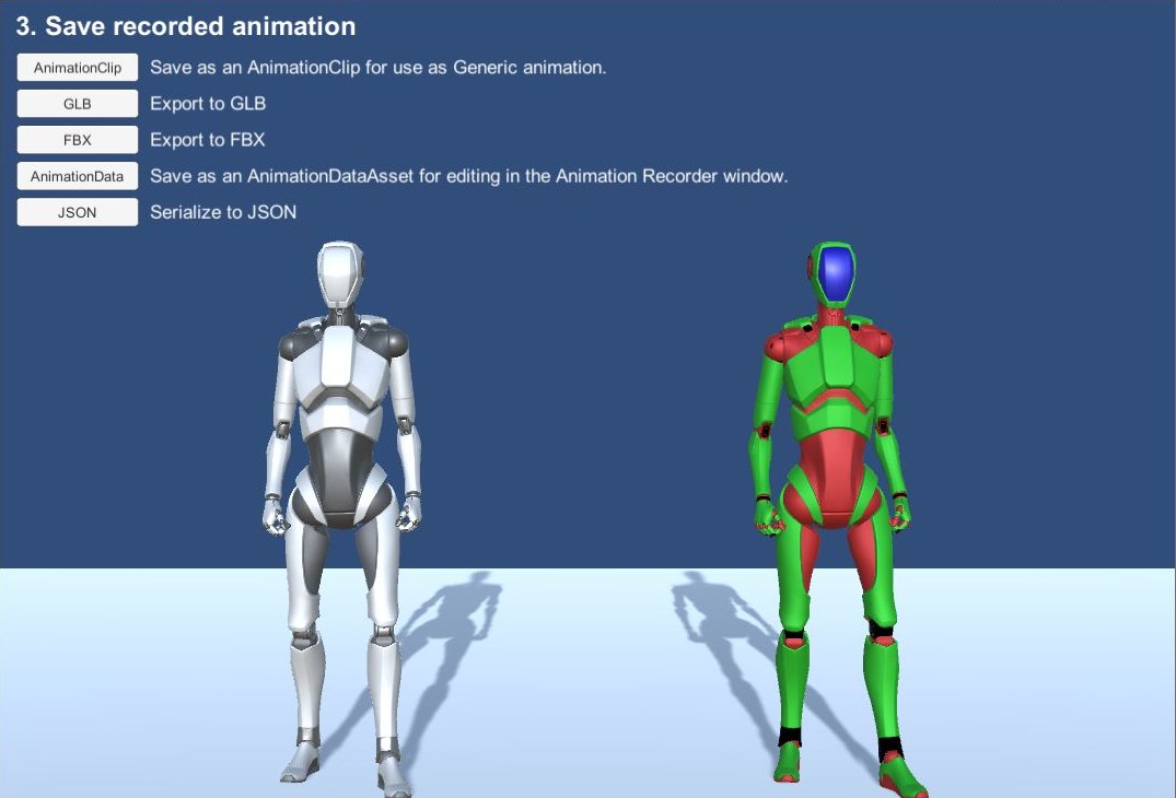 The play-mode recording sample: on-screen buttons offering AnimationClip, GLB, FBX, AnimationData and JSON output, with the recorded character on the left and the character replaying the take on the right
