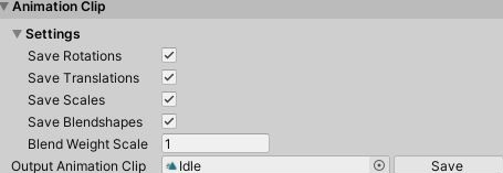 The Animation Clip foldout: Save Rotations, Save Translations, Save Scales and Save Blendshapes toggles, a Blend Weight Scale field, an Output Animation Clip field and a Save button