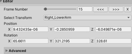 The Editor foldout of the Animation Recorder window: a Frame Number slider with step and delete buttons, a Select Transform dropdown, Position and Rotation fields, and a collapsed Advanced foldout