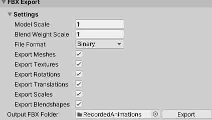 The FBX Export foldout: Model Scale, Blend Weight Scale, File Format, Export Meshes, Export Textures, Export Rotations, Export Translations, Export Scales and Export Blendshapes settings, an Output FBX Folder field and an Export button