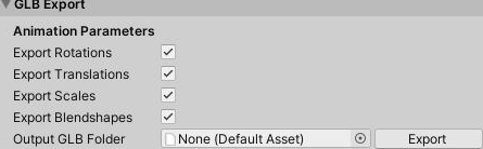 The GLB Export foldout: Export Rotations, Export Translations, Export Scales and Export Blendshapes toggles, an Output GLB Folder field and an Export button