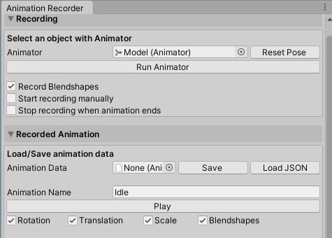 The Animation Recorder window: the Recording section with an Animator assigned, Run Animator, the Record Blendshapes, Start recording manually and Stop recording when animation ends toggles, and the Recorded Animation section with Animation Data, Save, Load JSON, an Animation Name field, Play, and the Rotation, Translation, Scale and Blendshapes toggles