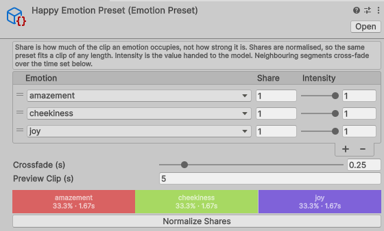 The Emotion Preset inspector: three segments, amazement, cheekiness and joy, each with a share of 1 and an intensity of 1; a Crossfade of 0.25 seconds; a Preview Clip length of 5 seconds; and a coloured bar underneath giving each emotion 33.3 percent, or 1.67 seconds, of the clip