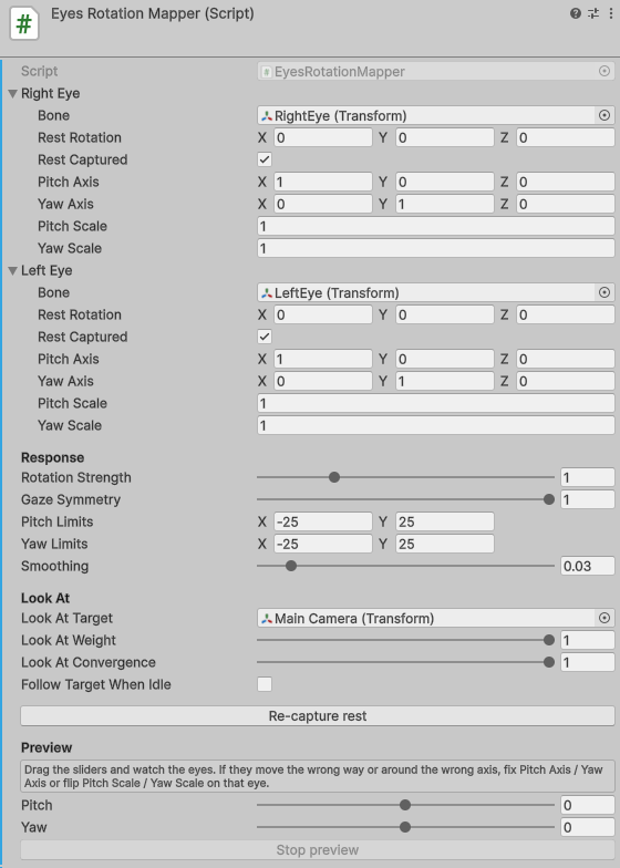 The Eyes Rotation Mapper component: Right Eye and Left Eye, each with a bone, a captured rest rotation, and its own pitch and yaw axes and scales; a Response group with Rotation Strength 1, Gaze Symmetry 1, pitch and yaw limits of minus 25 to 25 degrees and Smoothing 0.03; a Look At group pointing at the Main Camera; and a Preview group with Pitch and Yaw sliders and a Stop preview button
