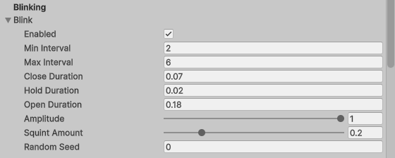 The Blinking section of the Face Animator: Enabled ticked, Min and Max Interval of 2 and 6 seconds, Close, Hold and Open Duration of 0.07, 0.02 and 0.18, Amplitude 1, Squint Amount 0.2, and a Random Seed of 0
