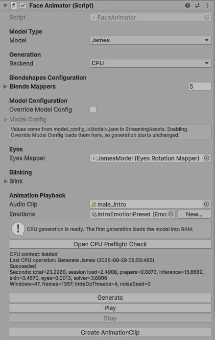 Face Animator after successful CPU generation in Play mode: CPU context loaded, operation Succeeded, and Create AnimationClip available below Generate, Play and Stop