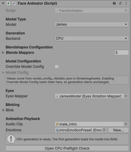 Face Animator configured for James and CPU, with five Blends Mappers, male_intro Audio Clip, an emotion preset and CPU readiness