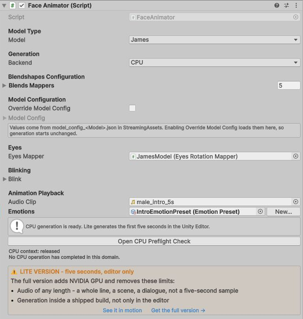 Lite Face Animator with CPU selected, CPU readiness, and the orange banner explaining the five-second and Editor-only generation limits