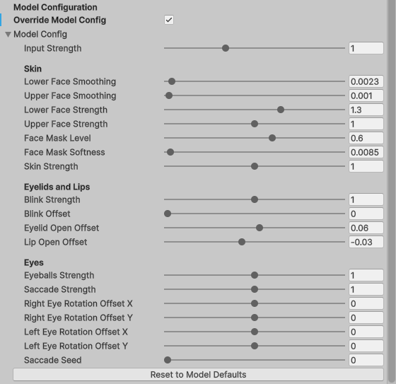 The Model Configuration section with Override Model Config ticked, so the Model Config parameters are editable: Input Strength, a Skin group of smoothing and strength sliders, an Eyelids and Lips group, an Eyes group with the gaze and saccade values, and a Reset to Model Defaults button