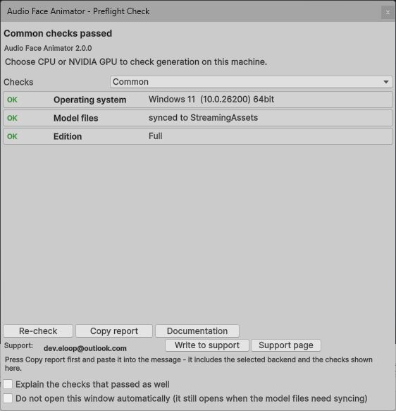 Audio Face Animator 2.0.0 Preflight Check in Common mode: operating system, model files and Full edition checks passed; select CPU or NVIDIA GPU to check the backend