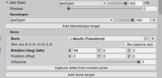 The Bones block of the Jaw Open row: a Bone field holding a transform, the captured rest pose with a Re-capture rest button, a Rotation (deg) delta of 14 degrees on X, a zero Position offset, an Influence slider at 1, and a Capture delta from current pose button