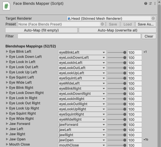 The Face Blends Mapper after auto-mapping: the Preset row with Save, Load and Save As, both Auto-Map buttons, the Filter box, and the first ARKit rows matched to mesh blendshapes with their max-weight sliders. Eye Blink Left carries a +1 badge for its second blendshape target, Jaw Open a 1b badge for a bone target