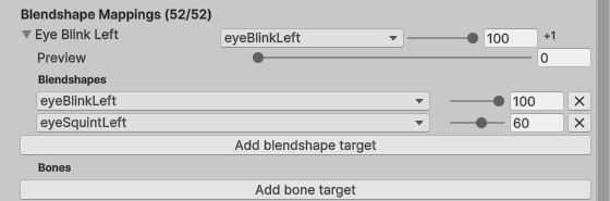 One ARKit row expanded: a Blendshapes list with two targets, eyeBlinkLeft at max weight 100 and eyeSquintLeft at 60, an Add blendshape target button, an empty Bones section, and the row's own Preview slider