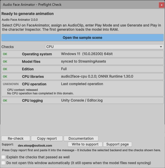 CPU preflight ready to generate: Windows, synced model files, Full edition and CPU libraries passed; no CPU operation has run yet, and CPU logging uses Unity Console and Editor.log