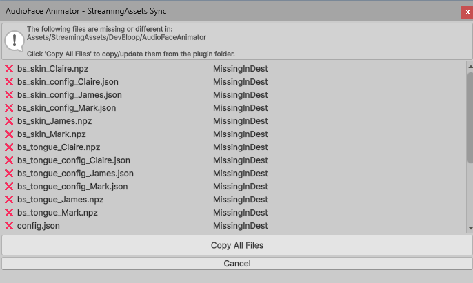 The StreamingAssets Sync window, listing model files missing from Assets/StreamingAssets/DevEloop/AudioFaceAnimator