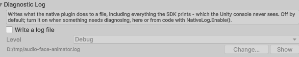 The Diagnostic Log foldout in the TensorRT Engine window: a note on what the log contains, an unticked "Write a log file" checkbox, a Level dropdown set to Debug, the current log file path, and Change and Show buttons