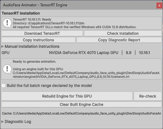 TensorRT 10.16.1.11 installation verified and GPU engine ready, with Download TensorRT, Check Installation, Rebuild Engine and Re-check controls