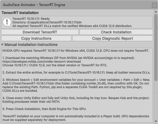 TensorRT setup with Manual installation instructions expanded, including the required version, PATH setup, restart and installation check