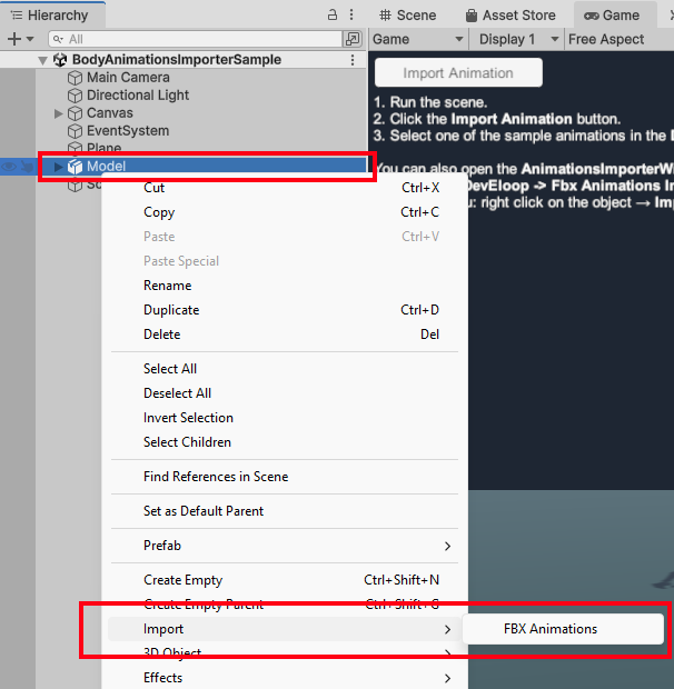 The Unity Hierarchy context menu with the Import submenu open and the FBX Animations entry highlighted