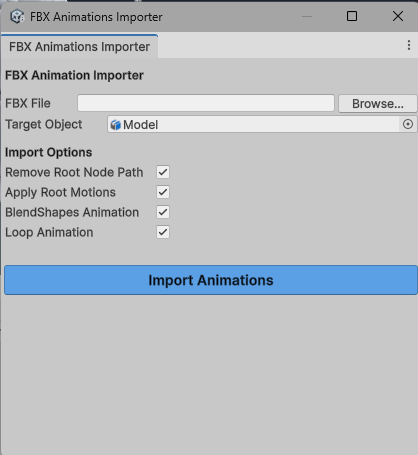 The FBX Animations Importer window: an FBX File field with a Browse button, a Target Object field, the Remove Root Node Path, Apply Root Motions, BlendShapes Animation and Loop Animation toggles, and a blue Import Animations button