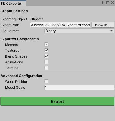 The FBX Exporter window: Output Settings with the exporting object, an export path with a Browse button and a File Format dropdown; an Exported Components section with Meshes, Textures, Blend Shapes, Animations and Terrains toggles; an Advanced Configuration section with World Position and Model Scale; and a green Export button