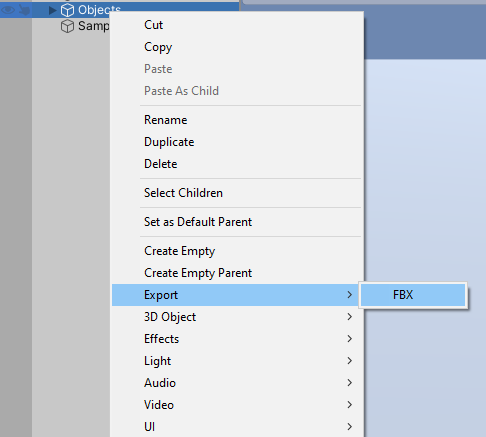 The Unity Hierarchy context menu with the Export submenu open and the FBX entry highlighted