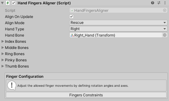 The configured Hand Fingers Aligner component: Align On Update ticked, Align Mode set to Rescue, Hand Type Right, a Hand Bone assigned, the five collapsed bone groups, and a Finger Configuration box with the Fingers Constraints button