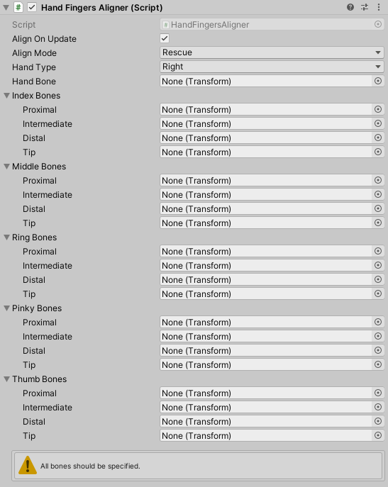 The Hand Fingers Aligner component with every bone slot empty, showing Index, Middle, Ring, Pinky and Thumb groups each with Proximal, Intermediate, Distal and Tip, and a warning reading All bones should be specified