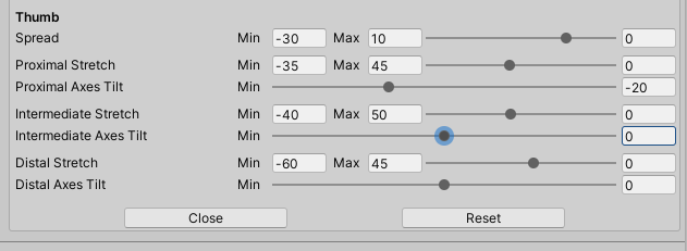 The Fingers Constraints panel for the Thumb: Spread, Proximal Stretch, Proximal Axes Tilt, Intermediate Stretch, Intermediate Axes Tilt, Distal Stretch and Distal Axes Tilt rows, each with Min and Max fields and a slider, above Close and Reset buttons