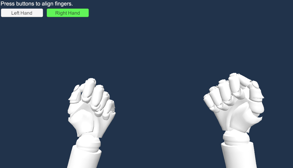 The sample scene in Play mode: two clenched hands, the left one with its aligner off and fingers passing through each other, the right one with the aligner on and the fingers curled naturally